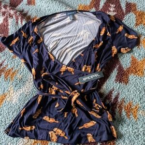 ModCloth Navy Wrap Blouse with Mustard Otter Motif